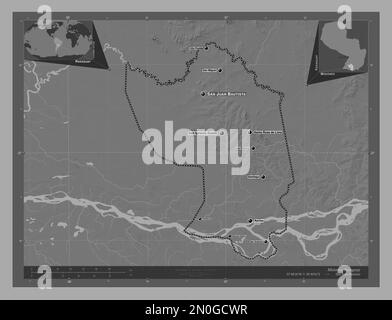 Misiones, Departement Paraguay. Bilevel-Höhenkarte mit Seen und Flüssen. Standorte und Namen der wichtigsten Städte der Region. Ecke Zusatzanschluss Stockfoto