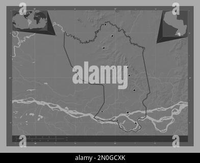 Misiones, Departement Paraguay. Bilevel-Höhenkarte mit Seen und Flüssen. Standorte der wichtigsten Städte der Region. Eckkarten für zusätzliche Standorte Stockfoto