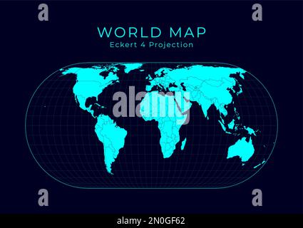 Karte der Welt. Eckert IV-Projektion. Futuristische Infografik-Weltillustration. Helle Cyan-Farben auf dunklem Hintergrund. Stock Vektor