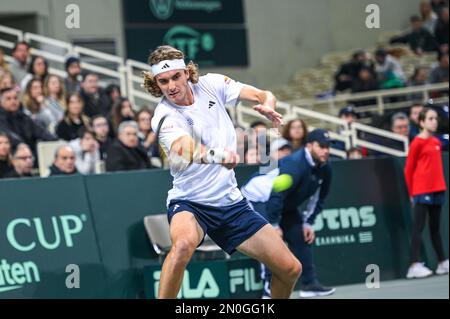 Athen, Lombardei, Griechenland. 5. Februar 2023. STEFANOS TSITSIPAS von Griechenland am 2. Tag des Davis Cup World Group I Play-off zwischen Griechenland und Ecuador im Olympischen Athletikzentrum von Athen „Spiros Louis“ am 5. Februar 2023 in Athen, Griechenland. (Kreditbild: © Stefanos Kyriazis/ZUMA Press Wire) NUR REDAKTIONELLE VERWENDUNG! Nicht für den kommerziellen GEBRAUCH! Stockfoto