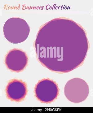 Runde Banner gesetzt. Kreisförmige Hintergründe in den Farben des Sonnenuntergangs. Ansprechende Vektordarstellung. Stock Vektor