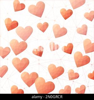 Schöne Konfetti-Herzen, die auf den Hintergrund fallen. Polygonale Herzen in orange-roten Farben. Künstlerisches digitales Design. Erstaunliche Vektorillustration. Stock Vektor