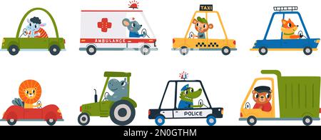 Süße Cartoon-Tiere, die Auto fahren. Haustiere fahren Autos, lustige Tiertransporte. Krankenwagen und Lastwagen, Polizei und Taxi. Kindertransporte mit klassischem Vektor Stock Vektor