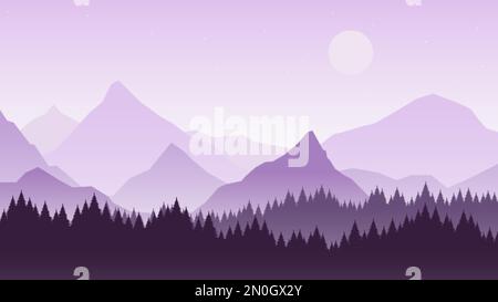 Abstraktes Naturlila, blauer Hintergrund. Berge, Felsensilhouetten, Hügel und Wald. Mond am Sternenhimmel, Nebel-Vektorszene bei Sonnenaufgang Stock Vektor