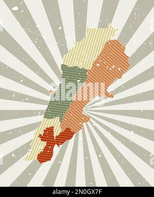 Libanon Vintage Karte. Grunge-Poster mit Landkarte in Retro-Farbpalette. Form des Libanon mit Sonnenstrahlen Hintergrund. Stock Vektor