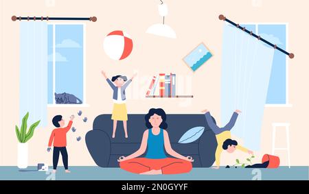 Ruhige mutter und freche Kinder im Zimmer. Kinder springen und Rennen, machen zu Hause Chaos. Mutter meditiert, Familienspiel, letzte Vektorszene Stock Vektor