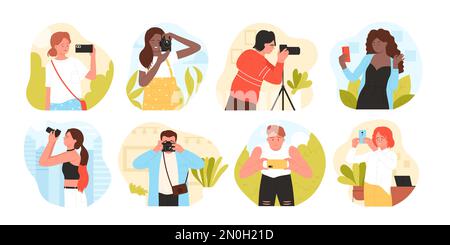 Fotografen nehmen mit einer Vektordarstellung des Kamerasatzes auf. Cartoon-Journalisten stehen mit Kamera auf Stativ für professionelle Fotografie, Mädchen machen kreative Fotos für Social-Media-Profile Stock Vektor