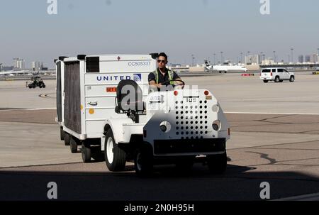 Arizona, USA, USA. 5. Februar 2023. (INT) Ankunft von Kansas Players für SuperBowlLVII auf der Goldwater Air National Guard Base-Arizona. 05. Februar 2023, Phoenix, Arizona, USA: Die Ankunft von Kansas City Chiefs Players auf der Goldwater Air National Guard Base-Arizona für das SuperBowlLVII-Spiel gegen die Philadelphia Eagles findet am 12. Februar im Stadion State Farm statt. Guthaben: Niyi Fote /Thenews2 (Bild: © Niyi Fote/TheNEWS2 via ZUMA Press Wire) NUR ZUR REDAKTIONELLEN VERWENDUNG! Nicht für den kommerziellen GEBRAUCH! Stockfoto