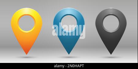 Realistische Geolokationssymbole in Gelb, Blau und Grau auf einem verlaufenden Hintergrund. Stock Vektor