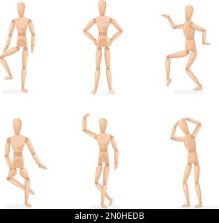Hölzerne Männerpositionen. Holzpuppe, Gruppenmenschen-Statue, menschliches Modell zum Zeichnen von Künstlern, Puppenfigur in verschiedenen Posen, isolierte Puppenskulptur, Vektordarstellung der Körperpuppe Stock Vektor