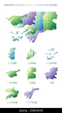Guinea-Bissau-Gebiete mit niedrigem Poly. Polygonale Karte von Guinea-Bissau mit Regionen. Geometrische Karten für Ihr Design. Erstaunliche Vektorillustration. Stock Vektor
