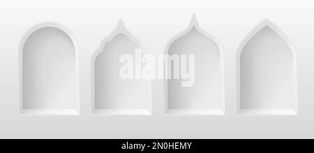 3D arabische Bögen. Weißer realistischer islamischer Bogen, arabische Tür oder Fenster im Inneren des Schlosses oder der Moschee, Rahmen für muslimische ramadan eid-Karte Papierform geniale Vektordarstellung eines islamischen Rahmenfensters Stock Vektor