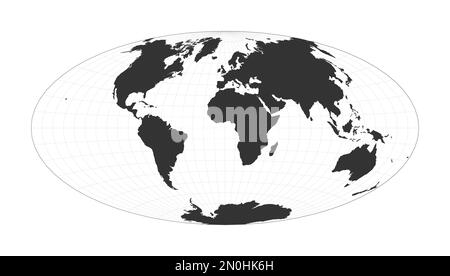 Weltkarte. Aitoff-Projektion. Globus mit Breiten- und Längengraden. Weltkarte über Meridiane und Parallelen im Hintergrund. Vektordarstellung. Stock Vektor