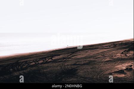 Einsame Person in der Ferne auf dem schwarzen Sand Muriwai Beach in Auckland – Neuseeland. Stockfoto