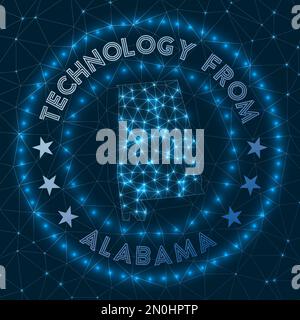 Technologie Aus Alabama. Futuristisches geometrisches Abzeichen des US-Bundesstaates. Technologisches Konzept. Rundes Alabama-Logo. Vektorabbildung. Stock Vektor
