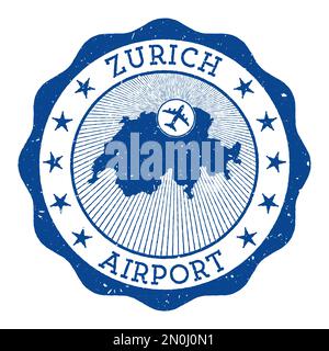 Stempel am Flughafen Zürich. Flughafen Zürich rundes Logo mit Standort auf der Schweiz Karte gekennzeichnet durch Flugzeug. Vektordarstellung. Stock Vektor