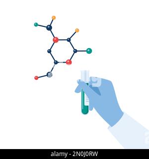 Die Hand des Chemie-Forschers in einem Gummihandschuh, der ein Reagenzglas mit einer Substanz hält. Molekül organischer Substanzen. Laborforschung. Vektor illustr Stock Vektor