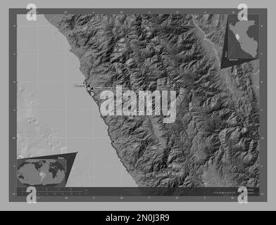 Ancash, Region Peru. Bilevel-Höhenkarte mit Seen und Flüssen. Standorte und Namen der wichtigsten Städte der Region. Eckkarten für zusätzliche Standorte Stockfoto