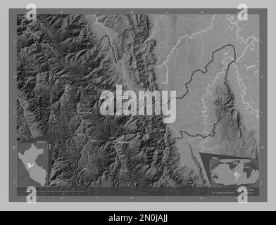 Huanuco, Region Peru. Grauskala-Höhenkarte mit Seen und Flüssen. Standorte und Namen der wichtigsten Städte der Region. Ecke Zusatzgerät m Stockfoto