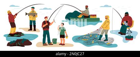 Lustige Fischer-Charaktere. Männer, die im Winter und Sommer fischen. Mit Stangen und Netz anwinkeln. Männchen fangen Fische auf einem aufblasbaren Boot oder vom Ufer aus. Vater Stock Vektor