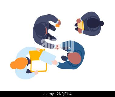 Zwei Geschäftsleute, die sich die Hand schütteln. Geschäftsverhandlungen. Stehende Männer und Frauen, Draufsicht. Erfolgreicher Partner-Handschlag. Zustimmende oder Begrüßungsgeste Stock Vektor