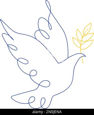 Eine lineare Taube mit einem Zweig in den Farben der ukrainischen Flagge. Ein Symbol des Friedens. Vektordarstellung auf transparentem Hintergrund isoliert. Stock Vektor