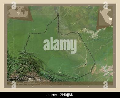 Madre de Dios, Region Peru. Hochauflösende Satellitenkarte. Eckkarten für zusätzliche Standorte Stockfoto
