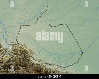 Madre de Dios, Region Peru. Farbige Höhenkarte mit Seen und Flüssen Stockfoto