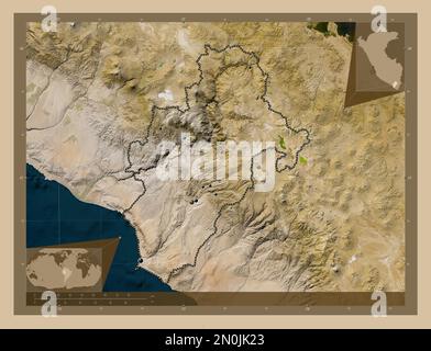 Moquegua, Region Peru. Satellitenkarte mit niedriger Auflösung. Standorte der wichtigsten Städte der Region. Eckkarten für zusätzliche Standorte Stockfoto
