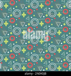 Nahtloses Muster im memphis-Stil. Geometrische Formen - Kreise und Linien, Wellen und Dreiecke. Stock Vektor