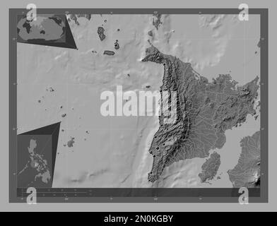 Antiquität, Provinz der Philippinen. Bilevel-Höhenkarte mit Seen und Flüssen. Standorte der wichtigsten Städte der Region. Eckkarten für zusätzliche Standorte Stockfoto