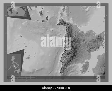 Antiquität, Provinz der Philippinen. Grauskala-Höhenkarte mit Seen und Flüssen. Standorte der wichtigsten Städte der Region. Lage der Zusatzgeräte an der Ecke ma Stockfoto