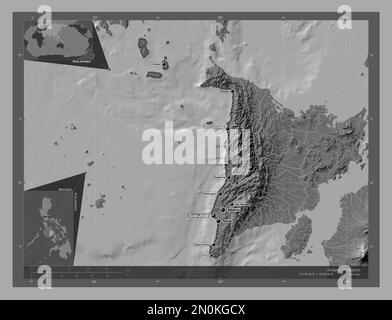 Antiquität, Provinz der Philippinen. Bilevel-Höhenkarte mit Seen und Flüssen. Standorte und Namen der wichtigsten Städte der Region. Ecke Zusatzanschluss Stockfoto