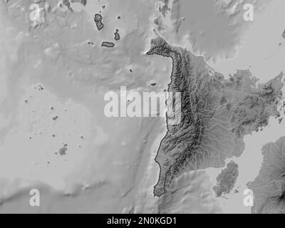 Antiquität, Provinz der Philippinen. Grauskala-Höhenkarte mit Seen und Flüssen Stockfoto