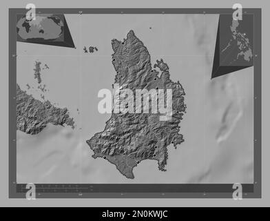 Catanduanes, Provinz der Philippinen. Bilevel-Höhenkarte mit Seen und Flüssen. Standorte der wichtigsten Städte der Region. Lage der Zusatzgeräte an der Ecke Stockfoto