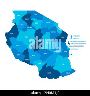 Tansania politische Karte der Verwaltungsabteilungen - Regionen. Flache blaue Vektorkarte mit Namensbezeichnungen. Stock Vektor
