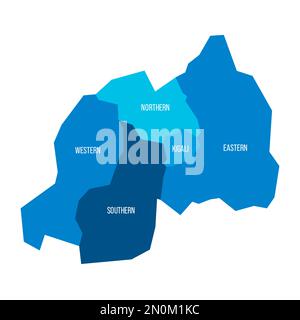 Politische Karte der Verwaltungseinheiten in Ruanda - Provinzen. Flache blaue Vektorkarte mit Namensbezeichnungen. Stock Vektor