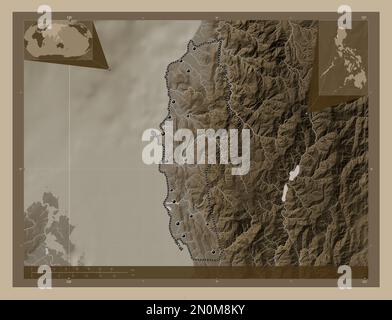 La Union, Provinz der Philippinen. Höhenplan in Sepia-Tönen mit Seen und Flüssen. Standorte der wichtigsten Städte der Region. Ecken-Hilfsaggregat Stockfoto