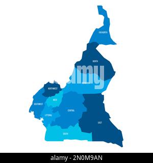 Kamerun politische Karte der Verwaltungsabteilungen - Regionen. Flache blaue Vektorkarte mit Namensbezeichnungen. Stock Vektor