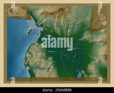 Maguindanao, Provinz der Philippinen. Farbige Höhenkarte mit Seen und Flüssen. Standorte und Namen der wichtigsten Städte der Region. Ecken-Zusatzgerät Stockfoto