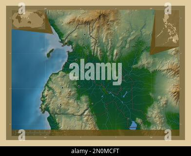 Maguindanao, Provinz der Philippinen. Farbige Höhenkarte mit Seen und Flüssen. Standorte der wichtigsten Städte der Region. Lage der Zusatzgeräte an der Ecke Stockfoto