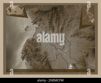 Maguindanao, Provinz der Philippinen. Höhenplan in Sepia-Tönen mit Seen und Flüssen. Standorte der wichtigsten Städte der Region. Ecke Auxi Stockfoto