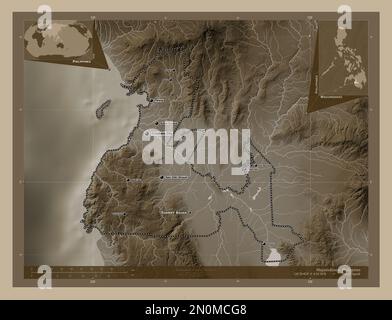 Maguindanao, Provinz der Philippinen. Höhenplan in Sepia-Tönen mit Seen und Flüssen. Standorte und Namen der wichtigsten Städte der Region. C Stockfoto