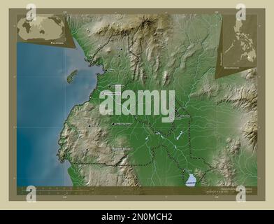 Maguindanao, Provinz der Philippinen. Höhenkarte im Wiki-Stil mit Seen und Flüssen. Standorte und Namen der wichtigsten Städte der Region. Co Stockfoto