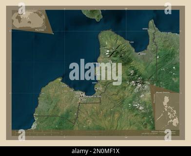 Misamis Oriental, Provinz der Philippinen. Hochauflösende Satellitenkarte. Standorte und Namen der wichtigsten Städte der Region. Lage der Zusatzgeräte an der Ecke Stockfoto