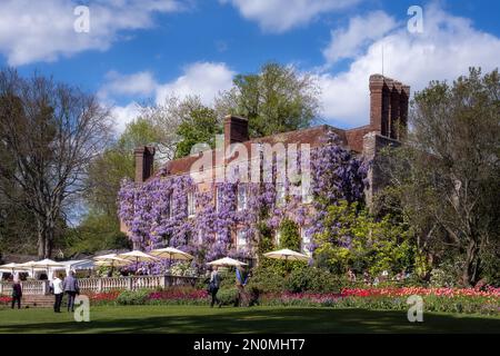 TICEHURST, ENGLAND - 26. APRIL 2022: Pashley Manor Gardens, wunderschönes Gebäude mit Wisteria im Frühling, East Sussex, England Stockfoto