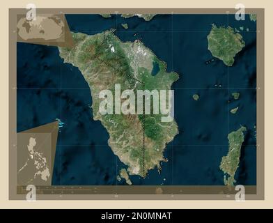 Oriental Mindoro, Provinz der Philippinen. Hochauflösende Satellitenkarte. Eckkarten für zusätzliche Standorte Stockfoto
