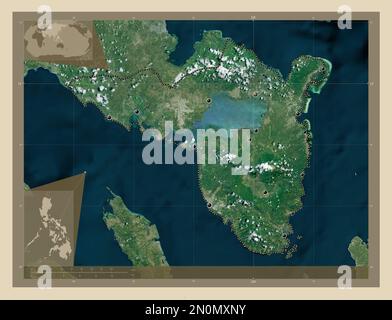 Sorsogon, Provinz der Philippinen. Hochauflösende Satellitenkarte. Standorte der wichtigsten Städte der Region. Eckkarten für zusätzliche Standorte Stockfoto