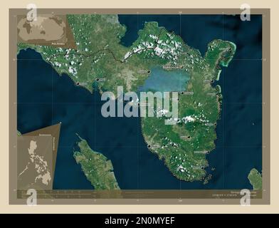 Sorsogon, Provinz der Philippinen. Hochauflösende Satellitenkarte. Standorte und Namen der wichtigsten Städte der Region. Eckkarten für zusätzliche Standorte Stockfoto