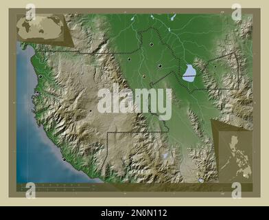 Sultan Kudarat, Provinz der Philippinen. Höhenkarte im Wiki-Stil mit Seen und Flüssen. Standorte der wichtigsten Städte der Region. Ecke au Stockfoto